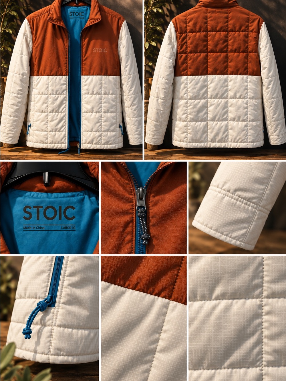 STOIC Men’s Colorblock Puffer Jacket in Rust & Cream